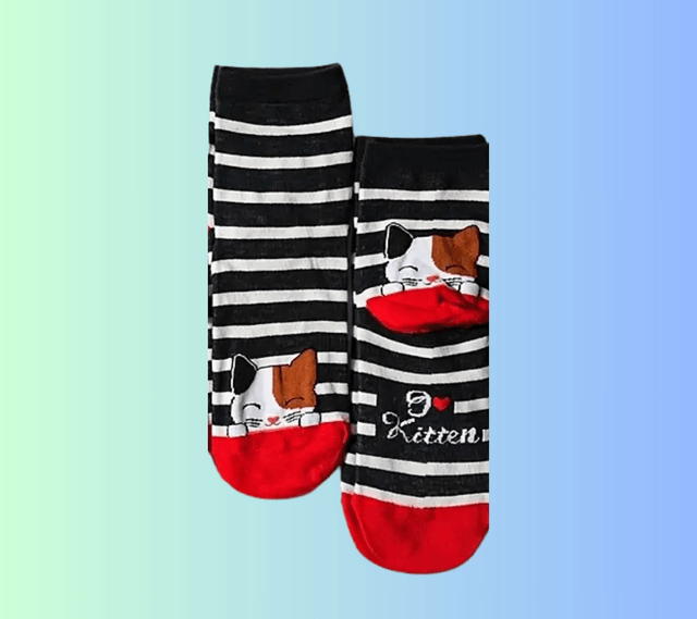 A Chaussettes rayées marine et blanc Chat Cœur