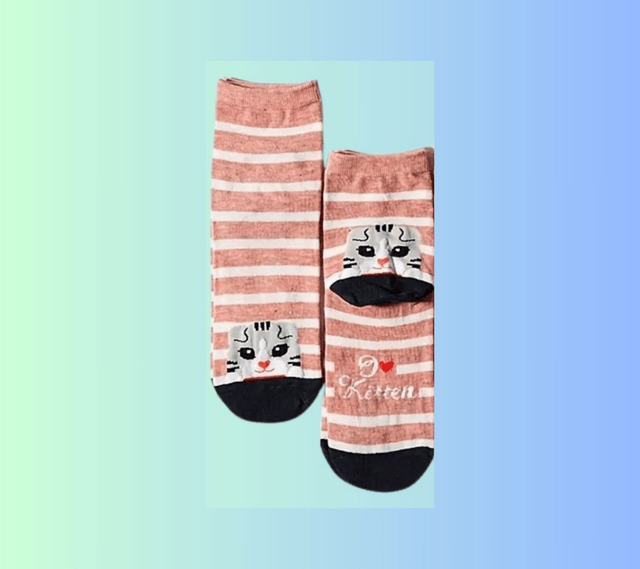 A Chaussettes rayées rose et blanc Chat Cœur